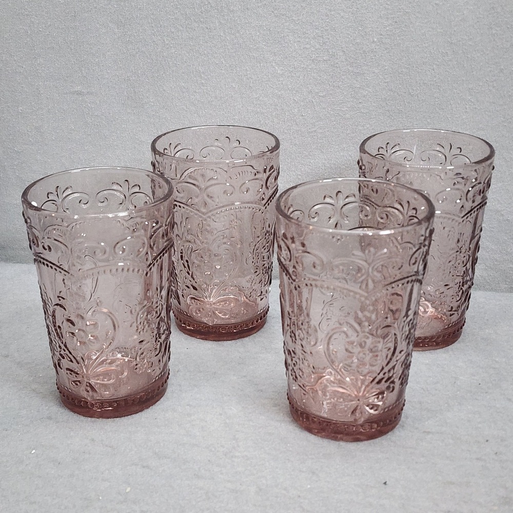 The Pioneer Woman Amelia Tumbler Rose Pink Embossed Glass Set of 4 15.22oz